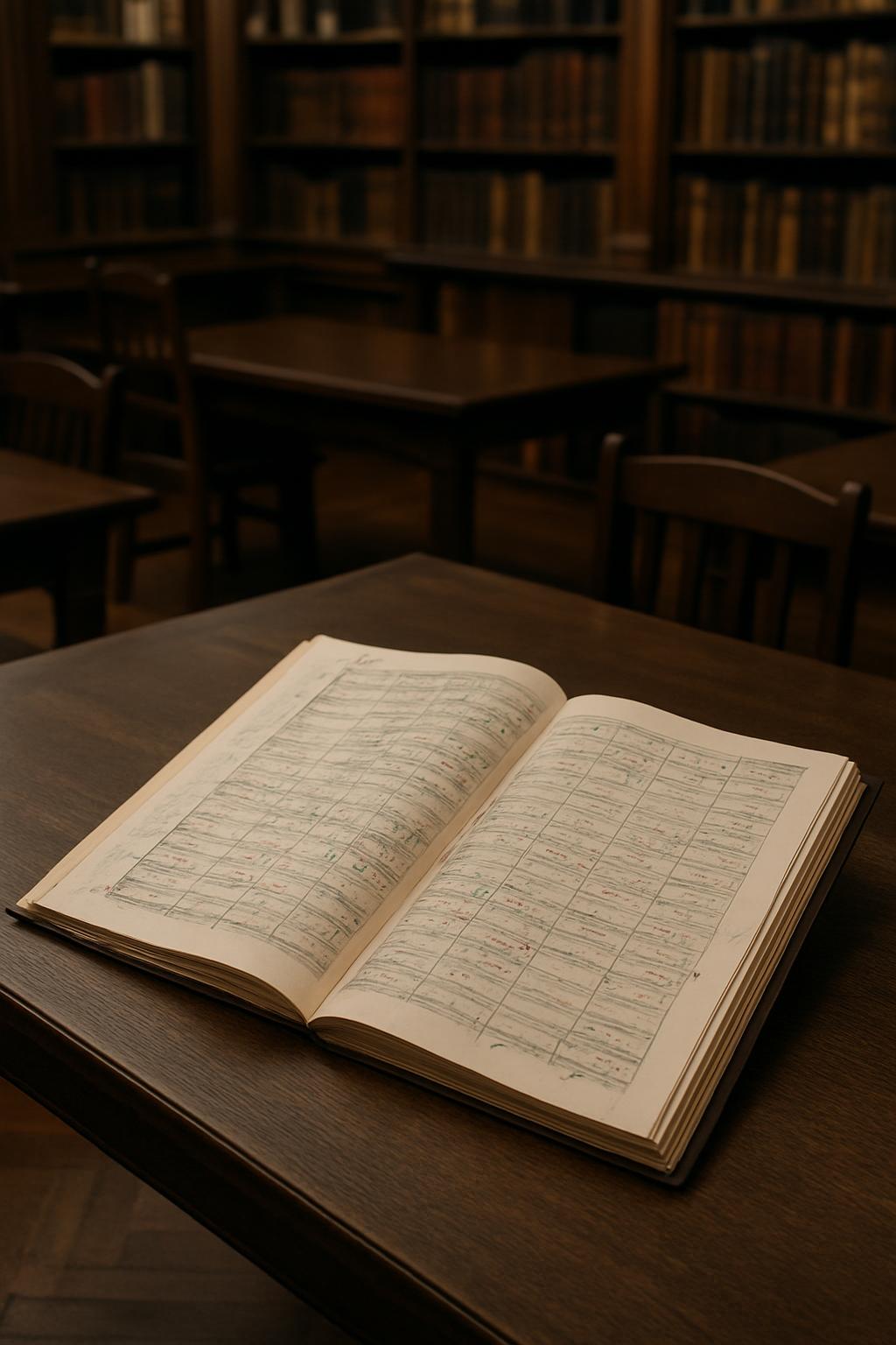 A large, open book with music notes on the pages, placed on a dark wooden table in a dimly lit library.