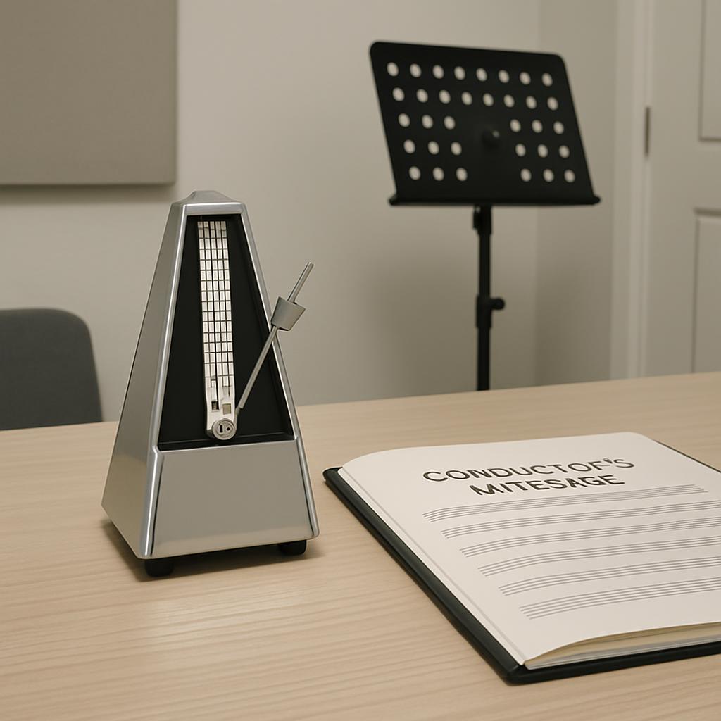 A scene of a music room featuring a metronome, sheet music, and a music stand, evoking a sense of stillness as it awaits t...