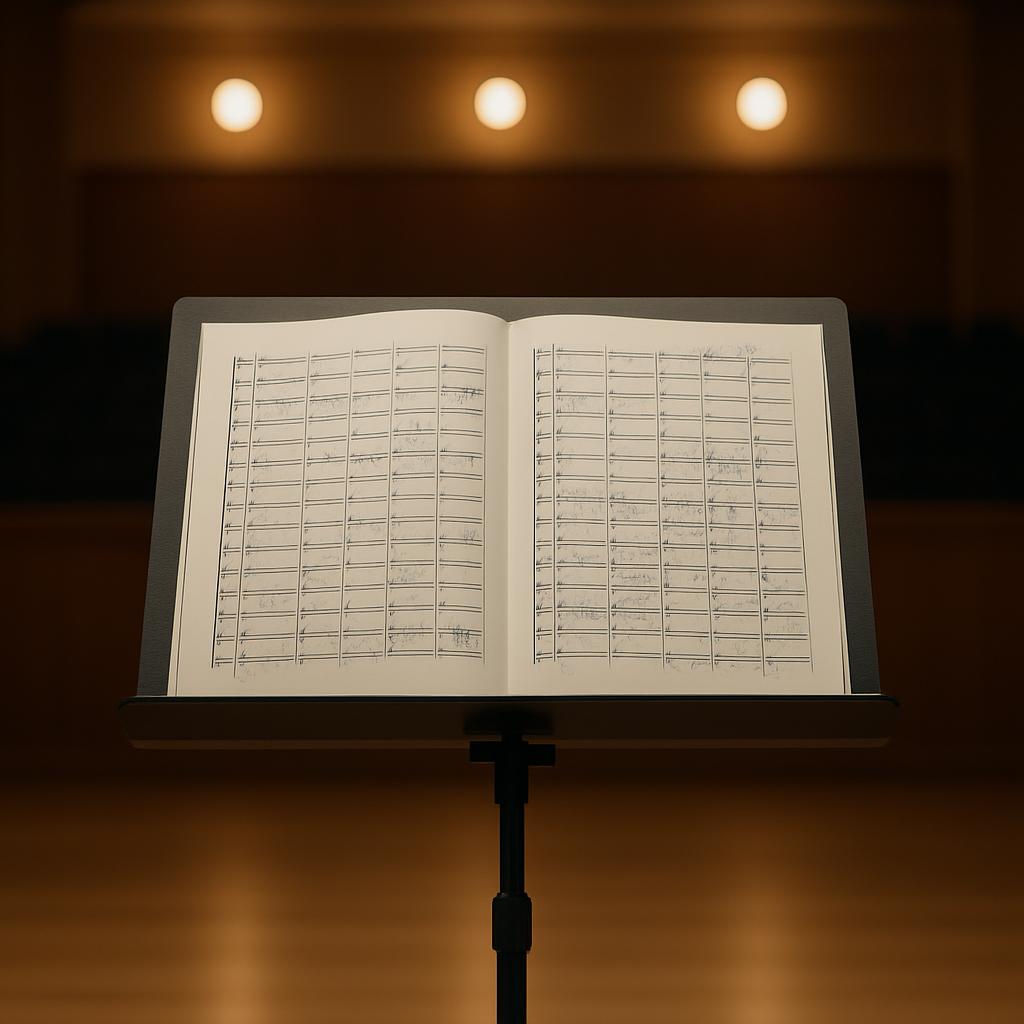 The music sheets are displayed on a stand at a theater.