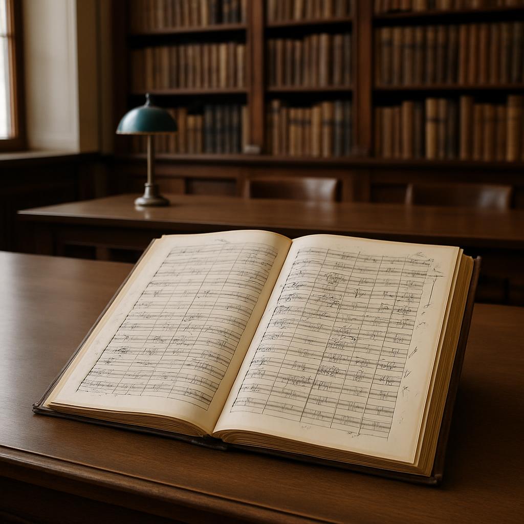 A composition of notes on white staff paper, with additional expressive markings for dynamic and articulation cues, placed...