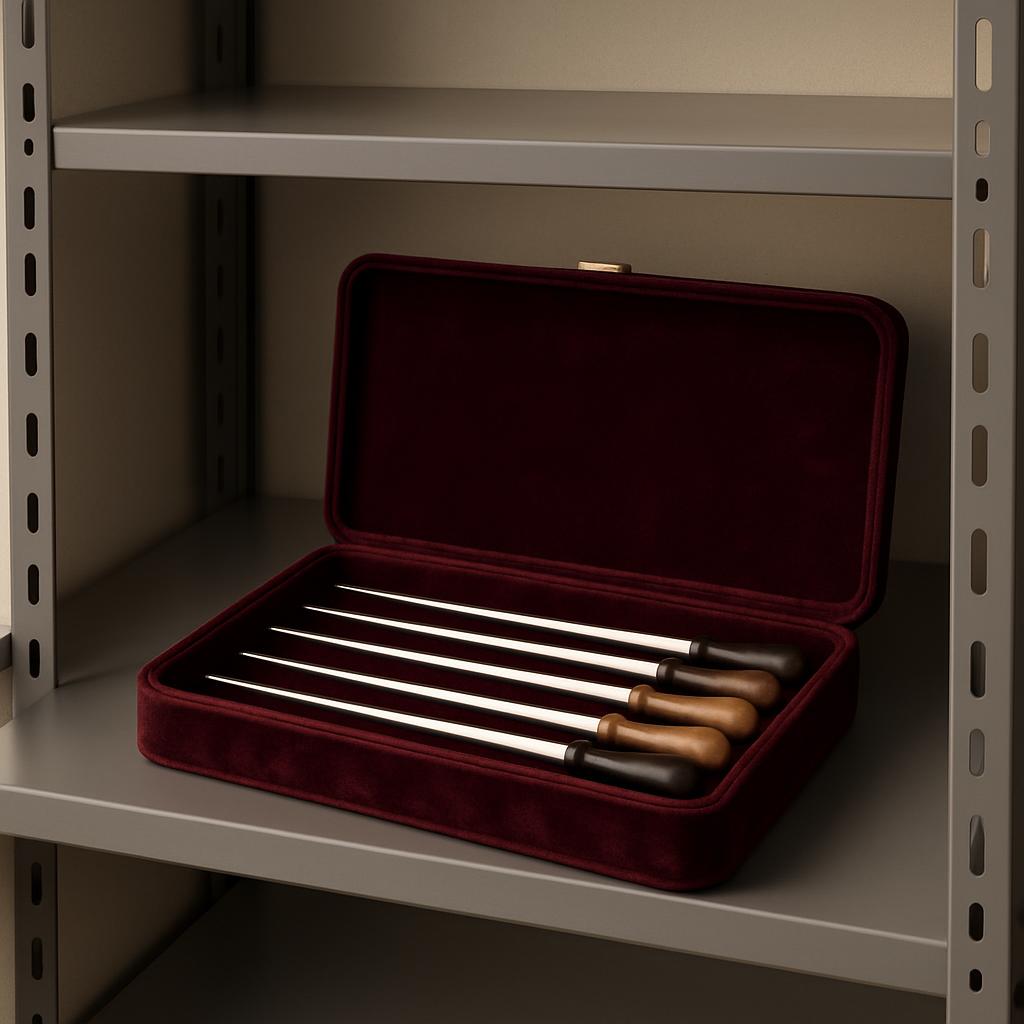A photo of four trombone mouthpieces in a burgundy case on a metal shelf.