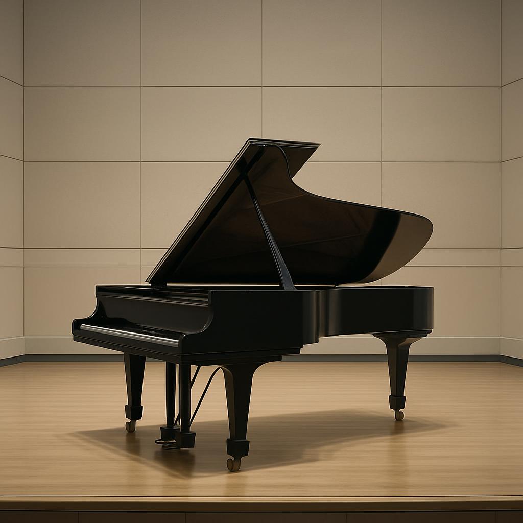 A grand piano sitting on a stage, viewed from the side.